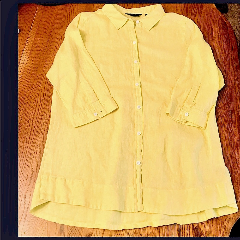 Investments Soft Yellow Linen Blouse Back Yolk Design Three Quarter Sleeves